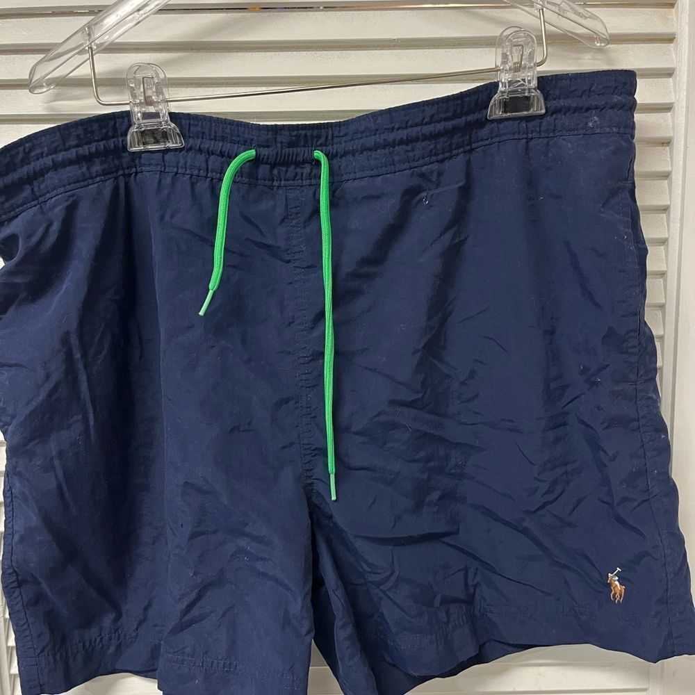 Polo Ralph Lauren Navy Swim Trunks with Neon Green Drawstring